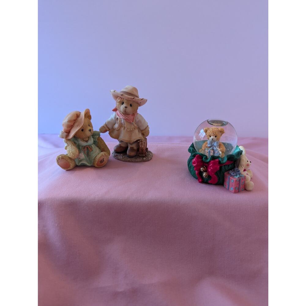 3 Cherished Teddies Figurines Including One Glitter Globe